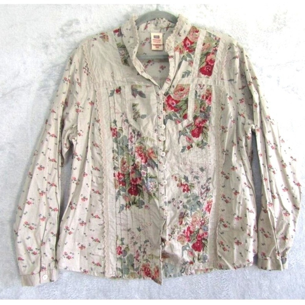 Faded Glory Women's Plus 16W Floral Button Front Blouse Prairie Cottagecore Lace